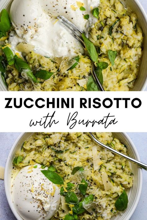 Dinner Inspo Vegetarian, Vegetarian Recipes Zucchini, Risotto With Zucchini, Summer Risotto Recipes, Zucchini Ricotta Recipes, Burrata Risotto, Vegetarian Risotto Recipes, Risotto Ideas, Risotto Lemon