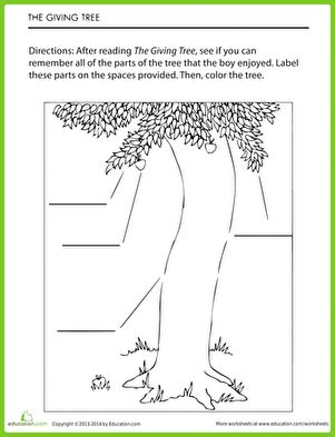 Think about all the ways we use trees with this comprehension worksheet that explores Shel Silverstein's The Giving Tree. Color the tree and remember how the boy used all of its parts. Are there any other gifts that trees give us every day? #educationdotcom Reading Comprehension Second Grade, 2nd Grade Worksheets Free Printables, Tree Unit, Book Lessons, Teaching Board, Tree Story, Teacher Vibes, Apple Unit, Handwriting Activities