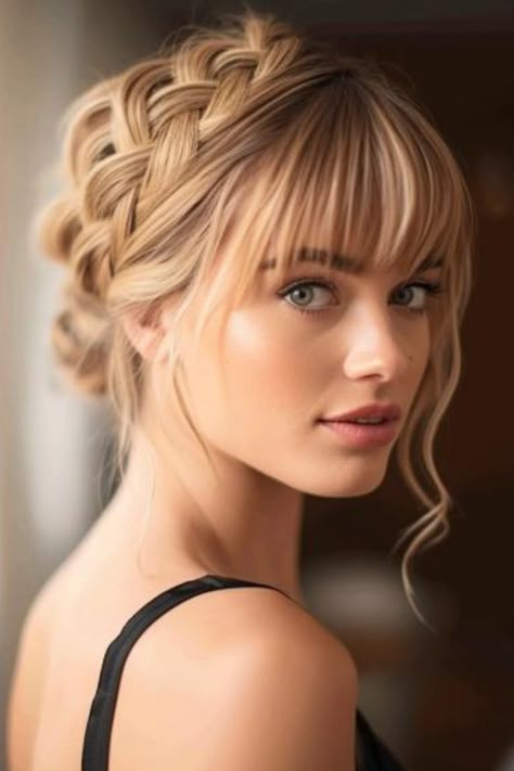 Romantic Updo For Long Hair, Hair Updo With Bangs Wedding, Hairstyle Bangs Wedding, Braid Hair With Bangs, Hair Updo With Fringe, Bridesmaid Updo Bangs, Bridesmaid Hairstyles Updo With Bangs, Bridesmaids Hairstyles With Bangs, Up Do With Fringe