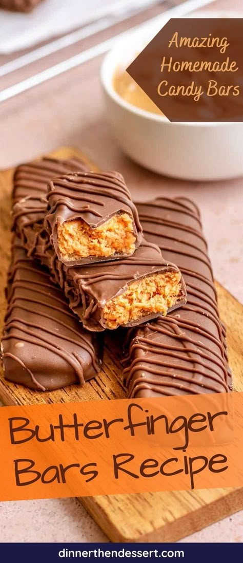 Butterfinger Bars are your favorite candy bar made even more delicious with creamy milk chocolate over a sweet and salty candy filling. Butter Finger Candy Recipe, Butter Finger Bars, Fast Break Candy Bar Recipe, Homemade Butterfinger Bars, Butterfinger Bars, Butterfinger Caramel Bars, Candy Bars, Butterfinger Candy Bar, Recipes With Butterfinger Candy Bars