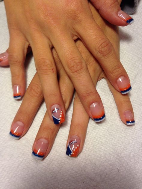 Bronco nails Denver Broncos Nails, Broncos Nails, Eagle Nails, Football Nail Art, Jasmine Nails, Sports Nails, Football Nails, Nail Tip Designs, Nail Art Tutorials