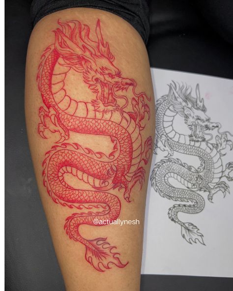 Dragon Thigh Tattoo, Tattoo Son, Red Dragon Tattoo, Dragons Tattoo, Hip Thigh Tattoos, Chinese Dragon Tattoos, Dragon Tattoo For Women, Inspiration Tattoos, Tattoos For Black Skin