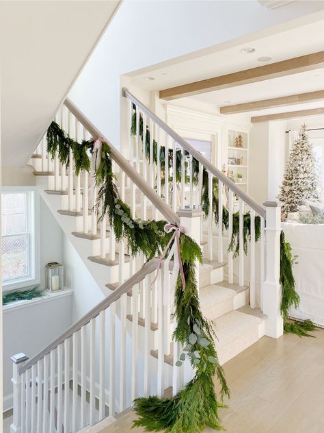 Serena And Lily Christmas, Garland On Staircase, Simple Home Upgrades, Mud Room Decor, Life On Cedar Lane, Staircase Decor Ideas, Christmas Staircase Decor, Fresh Garlands, Christmas Home Tours