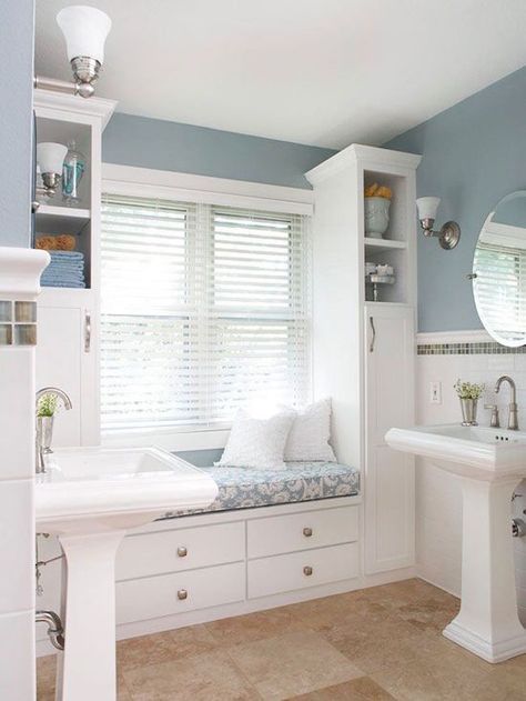 Bathroom Bench, Cozy Window Seat, Architecture Renovation, Open Bathroom, Mini Loft, Budget Bathroom Remodel, Blue Paint Colors, Bathroom Windows, Budget Bathroom