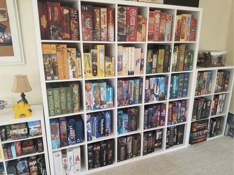 Board Game Shelf Ideas, Aesthetic Board Game Storage, Board Games Shelf, Basement Board Game Room, Kallax Board Game Storage, Board Game Library, Board Game Living Room, Board Game Bookshelf, Board Games Storage Ideas