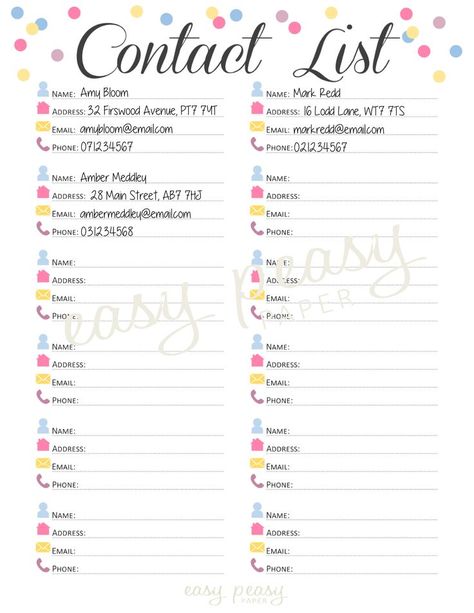 Free Printable Contact List Templates Secretary Organization, Family Interventions, Printable Contact List, Contact List Template, Business Techniques, Address Book Template, Filofax Diy, Guidance Office, Emergency Contact List