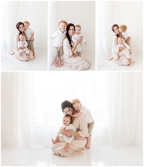 Indoor Mothers Day Photoshoot, Mommy Me Studio Photoshoot, Mummy And Me Photography, Family Photo Shoot Studio, Mommy And Me Photoshoot Studio, All White Studio Photo Shoot, Family Of 4 Studio Photoshoot, Indoor Studio Family Photos, Mommy And Me Poses 2 Kids