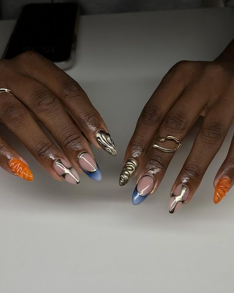 🍊🫐✨ inspo: @traciethetech #nails #nailart #naildesign #nailinspo #chromenails #3dnailart #3dnails #gelx #gelxnails #gelxinspo #cltnails #cltnailtech #almondnails Metallic 3d Nails, Acrylic Nail Kit, Edgy Nails, Y2k Nails, Girls Nails, Summer 24, 3d Nail Art, Funky Nails, Cute Nail Designs