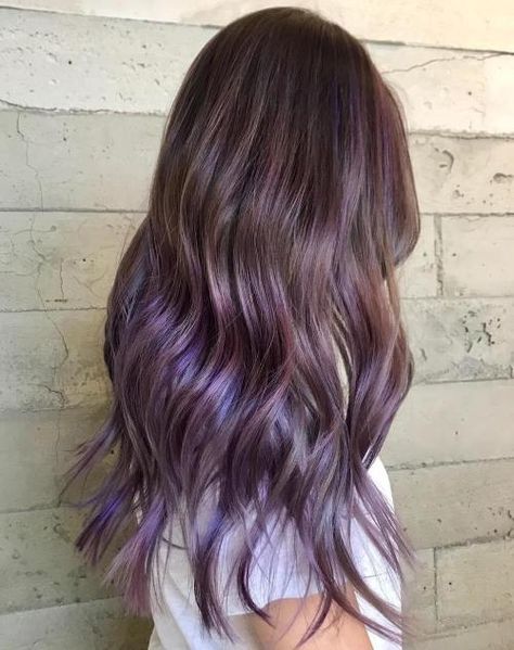 Long Brown Hair With Subtle Purple Balayage Purple Highlights Brown Hair, Purple Brown Hair, Purple Hair Highlights, Purple Balayage, Balayage Ideas, Purple Ombre Hair, Brown Ombre Hair, Purple Highlights, Short Brown Hair