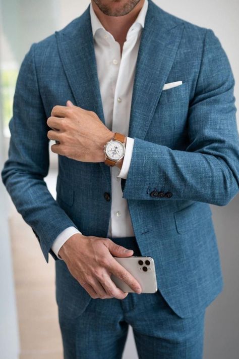 Man wearing a teal suit. Teal Blue Suit, Navy Blazer Outfits, Mens Navy Suit, Prom Outfits For Guys, Teal Suit, Navy Suit Wedding, Blue Sport Coat, Suits Groom, Business Clothing