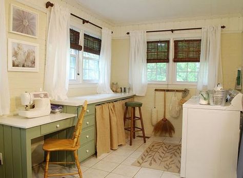 curtains Laundry Craft Rooms, Sewing Room Furniture, Sewing Room Storage, House Before And After, Cool Office Space, Laundry Room Layouts, Sewing Room Design, Laundry Room Remodel, Kitchen And Bath Design