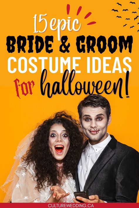 15 Epic Bride And Groom Halloween Costume Ideas Bridezilla Costume Halloween, Corpse Bride And Groom Costume, Wedding Theme Halloween Costume, Wedding Dress Costume Halloween, Halloween Bride And Groom Costume, Scary Bride And Groom Costumes, Vampire Bride And Groom Costume, Bridal Halloween Costumes, Bride And Groom Costume Halloween