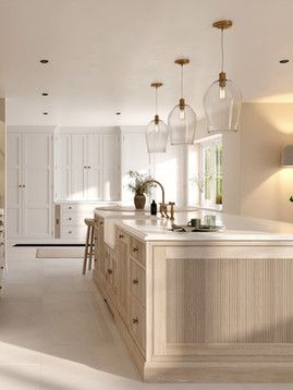 Adding reeded oak panels into a bespoke kitchen design at Holly Oak House. Oak Kitchen Islands, Reeded Wood Kitchen Island, Reed Glass Kitchen Cabinets, Reeded Kitchen Cabinets, Reeded Kitchen Island, Oak Island Kitchen, Cerused Oak Kitchen, Reeded Cabinets, Reeded Island