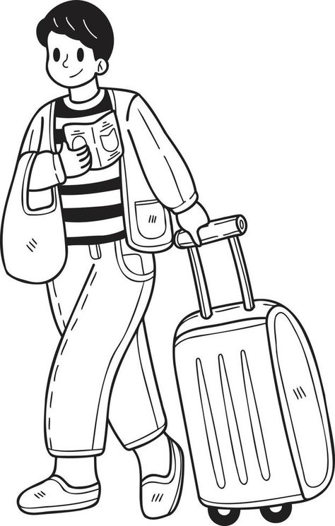 Hand Drawn Male tourist holding passport and suitcase illustration in doodle style Passport Drawing Art, Passport Inktober, Passport Drawing, Passport Illustration, Suitcase Illustration, Pen Art Work, Doodle Style, Doodle Illustration, Cityscape Photos