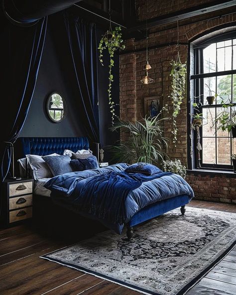 Tour through a Blue Brick House 🏡🔵🧱📚🌿 . Conjured from imagination using a blend of Midjourney AI, Photoshop and Topaz 🧙‍♂️🪄 . Please be sur… | Instagram Blue Fantasy Bedroom, Blue Brick House, Dark Moody Bedroom Ideas, Boho Style Bedroom Decor, Dark Moody Bedroom, Creative Bedroom Decor, Moody Bedroom Ideas, Next Bedroom, Fantasy Bedroom