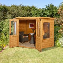 Forest Garden FSC Cranbourne Corner Summerhouse 7x7 on Sale Corner Sheds, Corner Seating, Craft Shed, Summer House Garden, Diy Shed Plans, Wooden Sheds, Bike Shed, She Sheds, Forest Garden