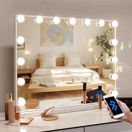 FENCHILIN We are committed to a series of Vanity Mirror, Vanity Mirror with Lights, Hollywood Mirror and Makeup Mirror. With delight and pride, we highly recommend this white Hollywood Vanity Mirror to you. First, this Vanity Mirror is exactly a Hollywood Mirror that enables you to have a great experience of how superstars do makeup backstage, making it one of the best gifts for makeup lovers. Besides, this Vanity Mirror comes with Bluetooth. You can connect your phone to the Lighted Vanity Mirr Bluetooth Vanity Mirror, Hollywood Style Mirror, Hollywood Mirror With Lights, Hollywood Vanity Mirror, Hollywood Vanity, Hollywood Lights, Vanity Mirror With Lights, Hollywood Mirror, Desk Mirror