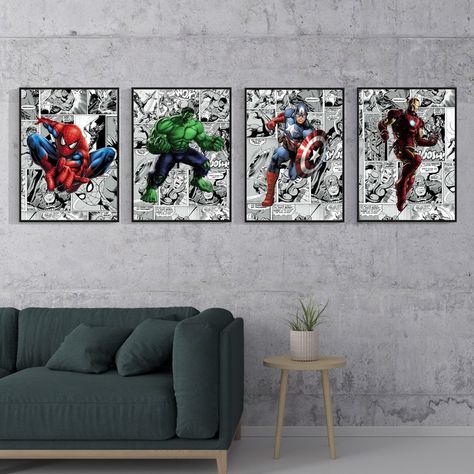 Comic Bedroom, Comic Book Bedroom, Super Hero Room Ideas, Marvel Decor, Spiderman Room, Superhero Prints, Art Superhero, Marvel Room, Superhero Bedroom