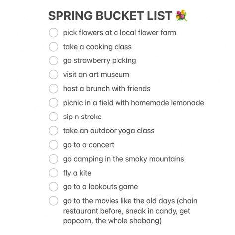 HAPPY SPRING!!!! 💐🐣☀️ When one bucket list is finished, another one begins & we are pumped for this one! Spring is just warmth & happiness & flowers & all things fun. 🤗 So without further ado…. 🌸 TREK TOGETHER SPRING BUCKET LIST 🌸 💐 pick flowers at a local flower farm 🧑‍🍳 take a cooking class 🍓go strawberry picking 🖼️ visit an art museum 🍳 host a brunch with friends 🍋 picnic in a field with homemade lemonade 🎨 sip n stroke 🧘‍♀️ take an outdoor yoga class 🎤 go to a concert 🏕️ go camping ... Picnic In A Field, Go To A Concert, Spring Bucket List, Pick Flowers, Brunch With Friends, Strawberry Picking, Homemade Lemonade, Outdoor Yoga, Bucket Lists