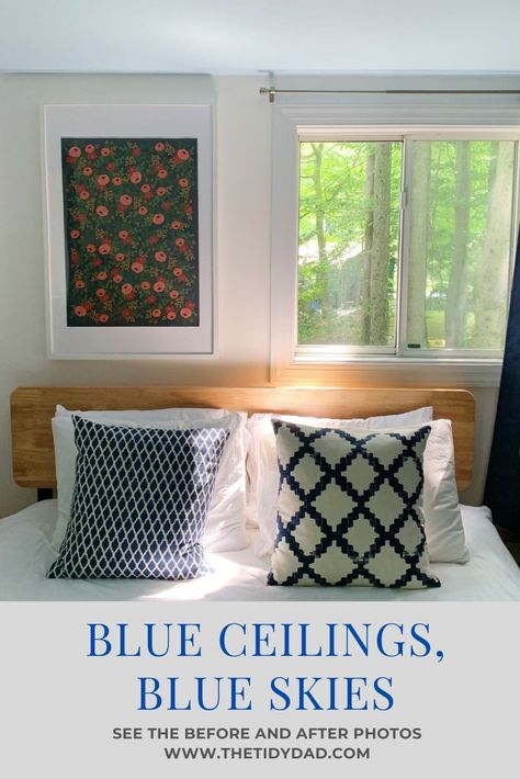 We painted 2 bedrooms in our cottage with fresh coats of Sherman Williams White Flour on the walls and Sherman Williams Aerial View on the ceilings. The light blue ceiling color was a bit of a risk, but it now almost feels like the bedrooms open directly into the sky above. We're sharing Before & After photos of both bedrooms and some of our favorite bedroom accessories & features! The Blue Ceilings almost make the bedrooms feel like they open directly into Blue Skies! #blueceiling #aerialview Light Blue Ceiling Bedroom, Pale Blue Ceiling, Painted Bedroom Ceiling, Colored Ceiling Bedroom, Sky Blue Ceiling, Blue Ceiling Bedroom, Light Blue Ceiling, Blue Ceiling Paint, Pale Blue Bedrooms