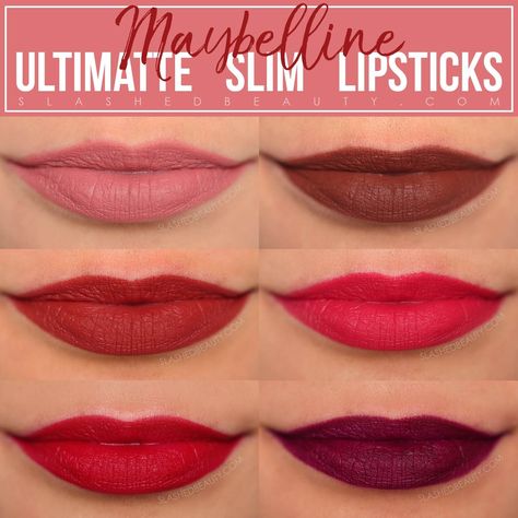 Maybelline Ultimatte Slim Lipsticks Swatches | More Buff, More Truffle, More Rust, More Magenta, More Ruby, More Berry | Slashed Beauty #drugstoremakeup Maybelline More Buff, Maybelline Ultimatte Lipstick, Maybelline Burgundy Blush, Ruby Lipstick, Beauty Recommendations, Crayon Lipstick, Maybelline Color Sensational, Budget Beauty, Dark Lipstick