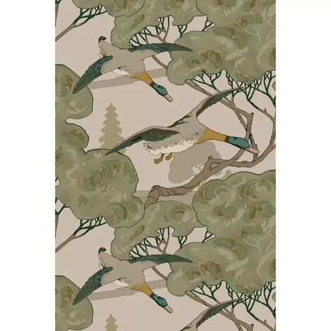 Grand Flying Ducks - Emerald | Kravet Ducks Wallpaper, Mulberry Fabric, Camel Animal, Flying Ducks, Velvet Sky, Mulberry Home, Green Collection, Fabric Houses, Camel Color