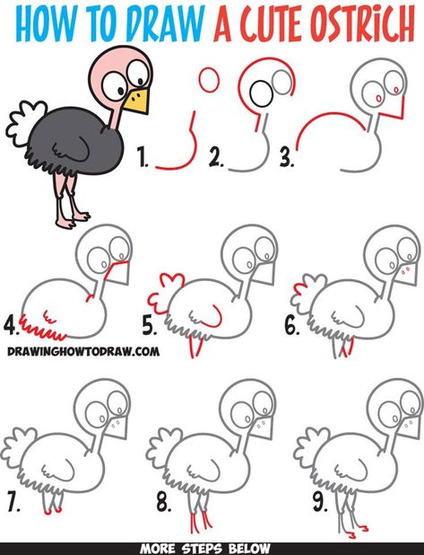 Learn How to Draw a Cute Cartoon Ostrich (Kawaii / Chibi) Easy Step by Step Drawing Tutorial for Kids & Beginners Ostrich Drawing Easy, Chibi Easy, Rafiki Tattoo, Ostrich Drawing, Cartoon Ostrich, Chibi Tutorial, Draw Cartoons, Easy Step By Step Drawing, Drawing Lessons For Kids