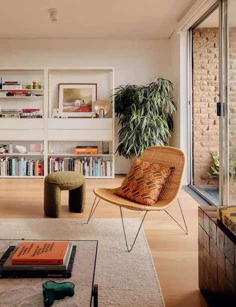 Rental Friendly Living Room, 1960s Apartment, Brown Brick Exterior, Fall Bedroom Ideas, Apartment Exterior, 1960s Furniture, Colorful Apartment, Cozy Fall Bedroom, Interior Design Games