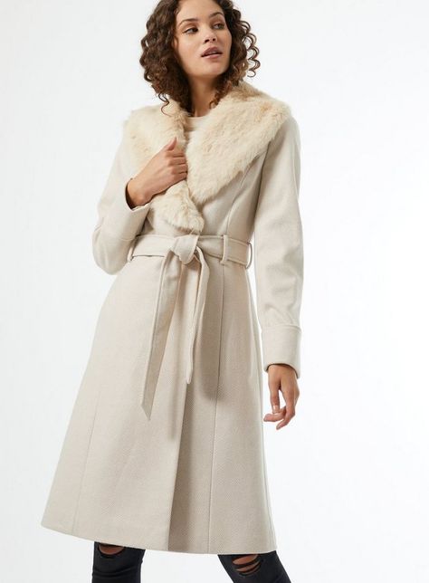 Cream Detachable Faux Fur Collar Belted Coat | Miss Selfridge Black High Neck Top, Freddy My Love, Coat With Fur Collar, Coat Belt, Belt Coat, Cream Outfits, Cream Coat, Coat With Fur, Belted Coat