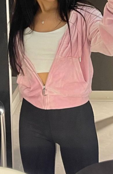 Pink Hoodie Outfit Baddie, Outfits With Pink Zip Up Hoodie, Pink Zip Up Sweater Outfit, Pink Zipper Hoodie Outfit, Pink Crop Jacket Outfit, Light Pink Zip Up Hoodie Outfit, Pink Velvet Jacket Outfit, Pink Zip Up Outfit, Pink Zip Up