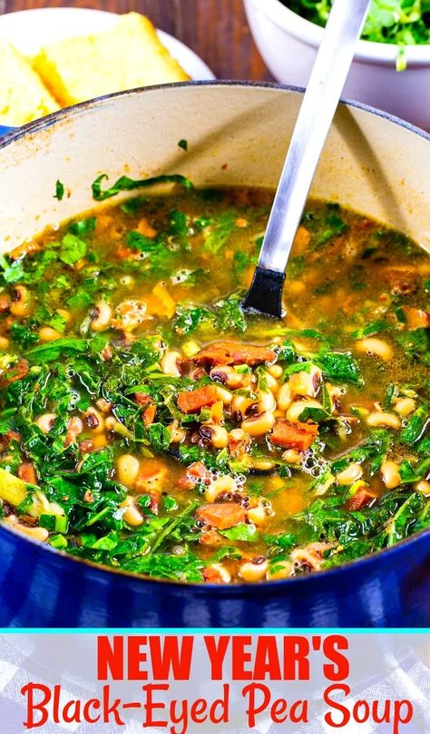 New Year's Black-Eyed Pea Soup with Collard Greens Blackeyed Pea Soup With Ham, Soup With Collard Greens, Turnip Green Soup, Collard Green Soup, Black Eyed Pea Soup, Blackeyed Peas, Protein Soups, Spicy Southern Kitchen, Comfort Recipes