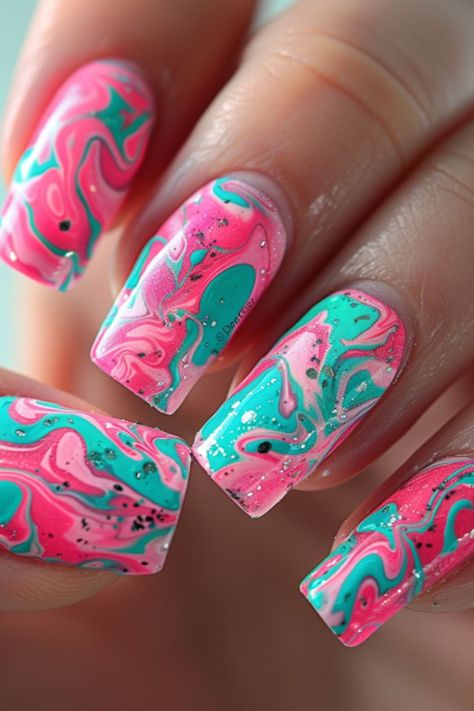 Nails Pink Purple Blue, Neon Pink And Teal Nails, Teal Pink Nails, Hot Pink And Turquoise Nails, Pink And Aqua Nails, Pink And Teal Nails Design, Bright Marble Nails, Teal And Pink Nails, Pink And Teal Nails