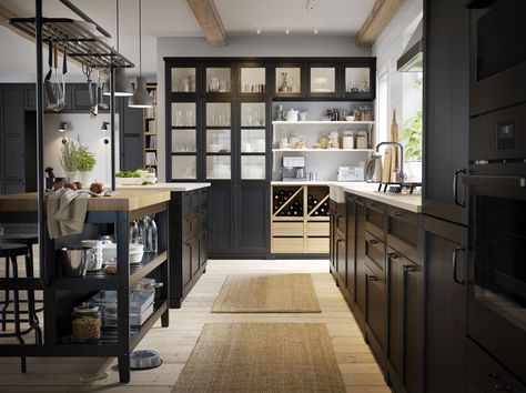 If you're blessed with a large and naturally light space, don't shy away from a U-shaped kitchen inspired by the dark and atmospheric interiors trend. #kitchen #darkinteriors #gallerykitchen #smallkitchen #realmhomes Dapur Ikea, Ikea Kitchen Inspiration, Shelves Ikea, Modern Konyhatervezés, Dapur Rustic, Model Dapur, Ikea Kitchen Island, Kitchen Ikea, Kabinet Dapur