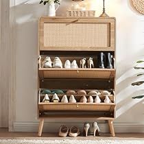 Hidden Shoe Rack, Shoe Rack Drawer, Rattan Shoe Cabinet, Wooden Shoe Cabinet, Rattan Design, Shoe Rack Entryway, Entryway Shoe Storage, Entryway Shoe, Narrow Shoes