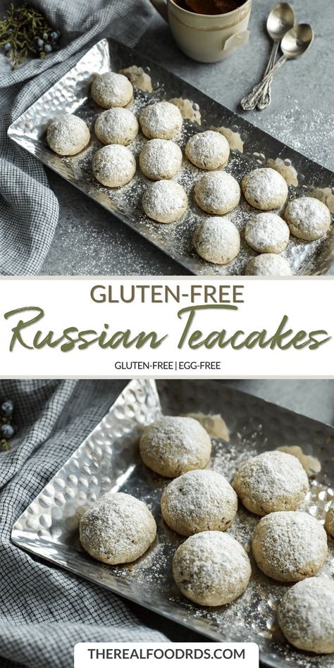 Gluten-Free Russian Tea Cakes | gluten-free dessert | healthy russian tea cake recipe | healthy cookie recipe | gluten-free tea cake | healthy snack recipe || The Real Food Dietitians #glutenfree #glutenfreecookies Gluten Free Russian Tea Cookies, Gluten Free Russian Recipes, Russian Tea Cakes Gluten Free, Gluten Free Sweet Treats, Party Food Gluten Free, Russian Tea Cakes Recipe, Russian Teacakes, Russian Tea Cakes, Food Gluten Free