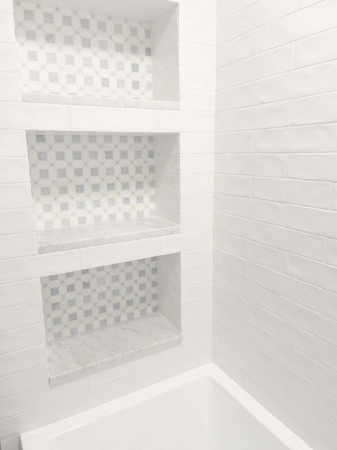 Choosing A Timeless White Subway Tile Bathroom | Hope And Hedges White Subway Tile Shower Niche Ideas, Marble Niche, Subway Tile Wall, White Shower Tile, Subway Tile Bathroom, White Subway Tile Shower, Blue Shower Tile, White Subway Tile Bathroom, American Foursquare