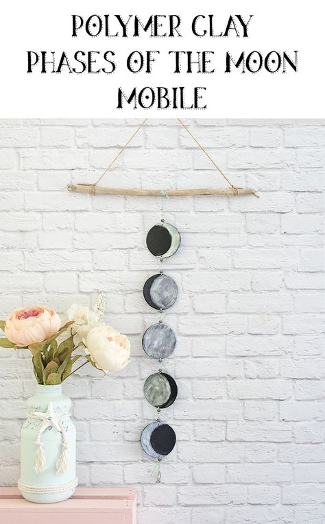 Polymer clay phases of the moon mobile - DIY wall hanging - astrology decor - moon projects - moon DIY Astrology Decor, Diy Moon, Mobile Diy, Moon Mobile, Moon Wall Hanging, Moon Projects, Diy Mobile, Phases Of The Moon, Diy And Crafts Sewing