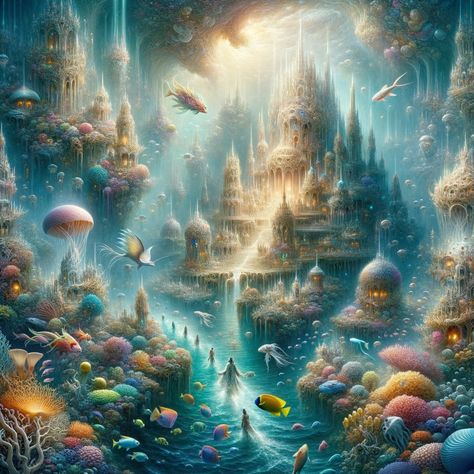 Fantasy Ocean Kingdom, Underwater Kingdom Fantasy Art, Feimo Deviantart, Underwater Palace, Underwater Kingdom, Underwater City, Floor Wallpaper, Fantasy Background, Fantasy City