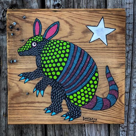 Lone star Armadillo. Acrylic on 10"x10" 136 year old shiplap. #folkart #art #painting #armadillo #antiquewood #texasartist #texas #lonestar… Texas Armadillo, 4th Grade Art Projects, Armadillo Art, Texas Painting, Intermediate Art, Hand Painted Cards, Animal Art Ideas, Animal Art Projects, Cowboy Decor