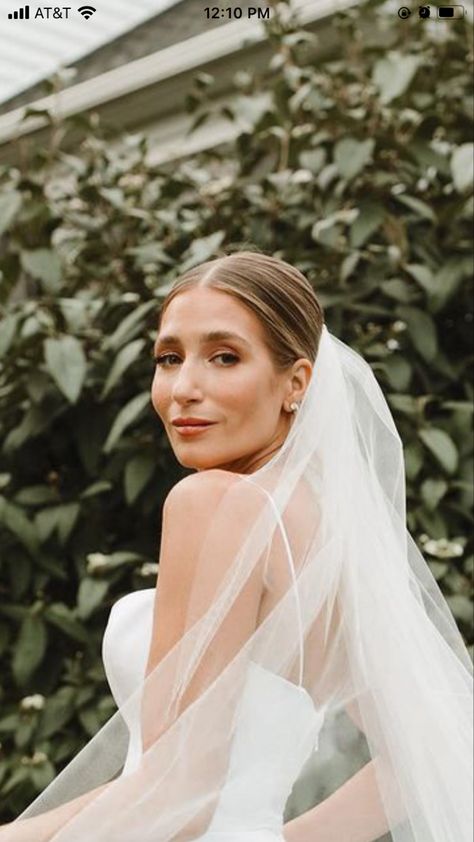 Timeless Bridal Look, Timeless Bride Hair, Bun With Veil Underneath, Low Bun With Veil Underneath, Slick Bridal Bun With Veil, Bridal Bun Front View, Low Bun With Veil, Wedding Hair Strapless Dress Veil, High Bun With Veil