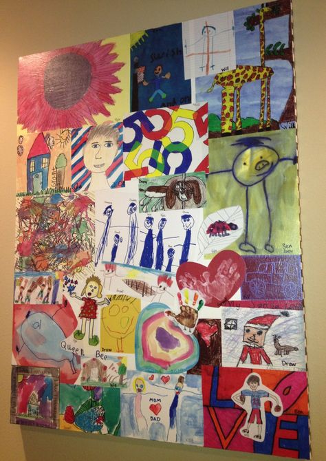 Make color copies of your children's artwork and mod podge onto a canvas to hang on the wall. Kids Artwork Collage, Kids Mess, Art Display Kids, Recycled Art Projects, Childrens Artwork, Paper Collage Art, Collaborative Art, Kids Artwork, Kids Fabric