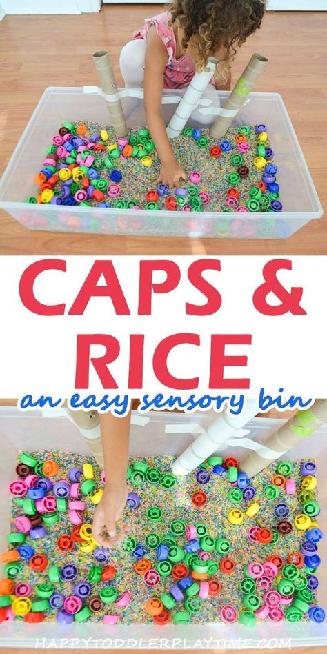 Caps and Rice Sensory Bin - HAPPY TODDLER PLAYTIME Rice Sensory Bin, Learning Colours, Toddler Sensory Bins, Sensory Tubs, Sensory Tub, Baby Sensory Play, Sensory Activities Toddlers, Toddler Sensory, Sensory Boxes