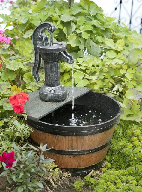 Solar Tap and Half Barrel Water Fountain Solar Powered Fountain Pump, Solar Water Feature, Diy Solar Fountain, Patio Fountain, Solar Powered Fountain, Solar Water Fountain, Garden Water Feature, Solar Power Diy, Solar Fountain