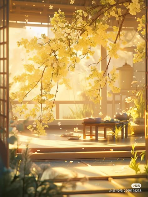 Yellow Chinese Aesthetic, Yellow Scenery Aesthetic, Yellow Anime Background, Golden Background Aesthetic, Japanese Window, Chinese Picture, Mandala Wallpaper, Yellow Blossom, Light Icon