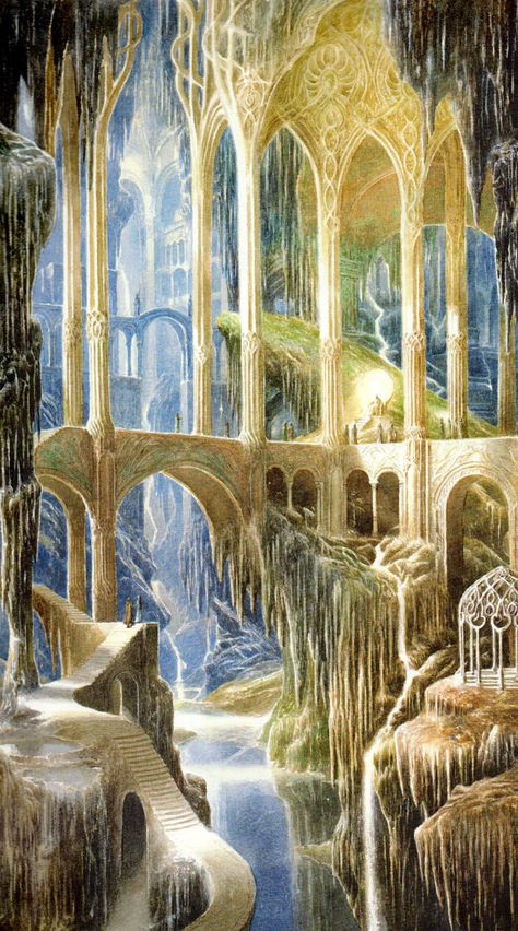 Nargothrond by Alan Lee Elven Architecture, Alan Lee Art, Elven City, Alan Lee, Middle Earth Art, Tolkien Art, Lotr Art, Fantasy Castle, Fantasy City