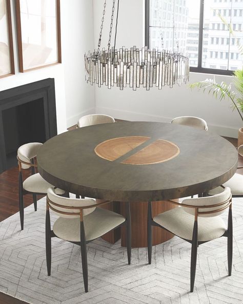 Arhaus on Instagram: “TREND WATCH—Mixed materials. Our NEW artisan-made Acacius Collection combines reclaimed wood with weathered metal—creating a unique…” Arhaus Furniture, Round Chandelier, Dining Arm Chair, Table Seating, Side Chairs Dining, Room Table, Round Dining, Round Dining Table, Dining Room Chairs