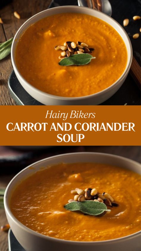 Hairy Bikers Carrot And Coriander Soup Carrot Coriander Soup Recipe, Carrot And Coriander Soup Recipe, Carrot Stew, Coriander Recipes, Carrot And Coriander Soup, Coriander Soup, Carrot Soup Recipes, Fresh Carrots, Carrot Ginger Soup