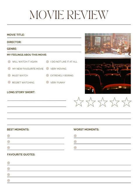 Movie Reviews Template, Movie Critic Template, Movie Prompt Ideas, Film Analysis Worksheet, Film Club Ideas, Film Journal Template, Movie Rating Journal, Movie Review Template Aesthetic, Movie Rating Template Movie Critic Template, Movie Reviews Template, Movie Diary Ideas, Movie Prompt Ideas, Film Analysis Worksheet, Film Club Ideas, Film Journal Template, Movie List Journal, Movie Review Template Aesthetic