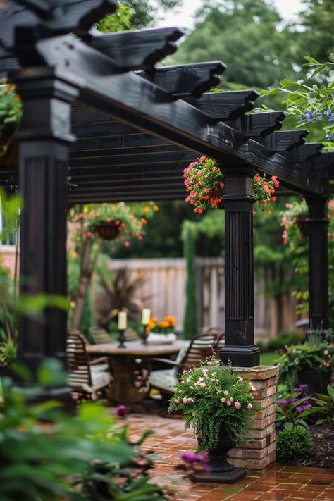 Creative Pergola Post Base Ideas for Your Garden Black Pergola Attached To House, Free Standing Pergola Ideas Backyard, Post Base Ideas, Black Pergola Ideas, Victorian Pergola, Entrance Pergola, Black Pergola, Free Standing Pergola, Small Urban Garden