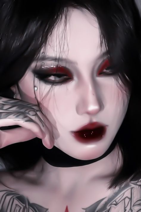 Korean Vampire Makeup, Douyin Alt Makeup, Vampire Makeup Black Women, Vampire Makeup Halloween Women, Vampire Girl Makeup, Witch Makeup Halloween Pretty, Goth Witch Makeup, Estilo Vamp, Vampire Make Up